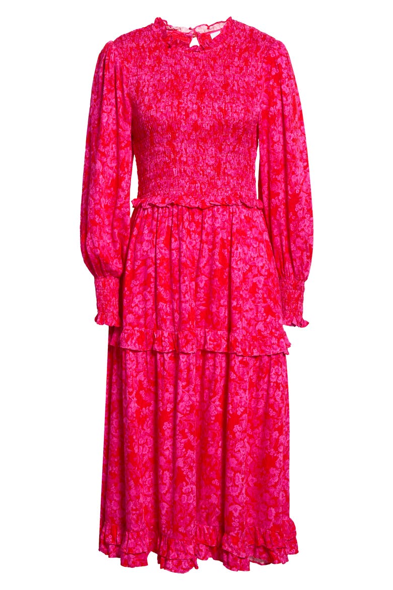 Seldy Smocked Bodice Long Sleeve Midi Dress, Alternate, color, RED-FUCHSIA