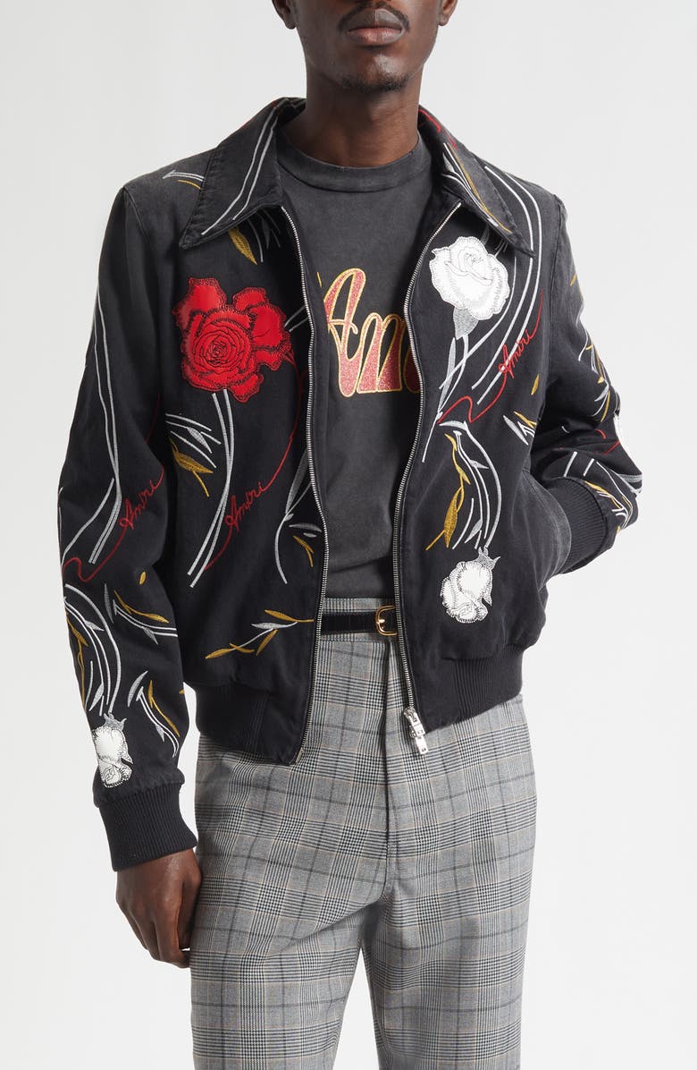 AMIRI Floral Embroidered Denim Blouson Jacket, Main, color, Dusk Black