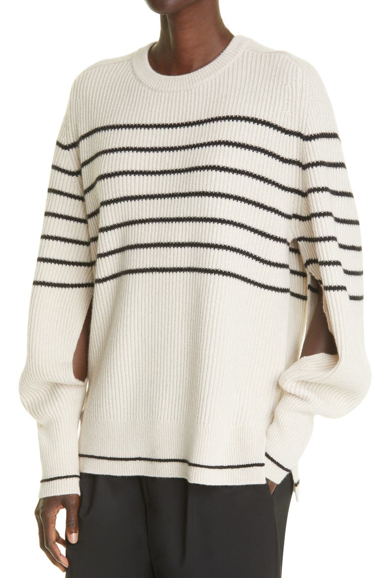 Stripe Rib Recycled Cashmere Blend Sweater, Alternate, color, CREMA W/ BLACK STRIPE