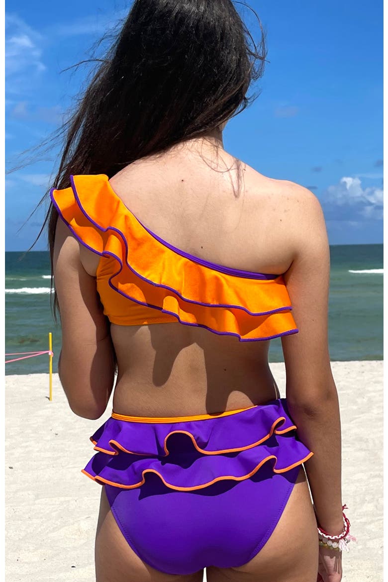 Kids' One Shoulder Multi-Layered Ruffle Two-Piece Bikini, Alternate, color, Orange-Blue