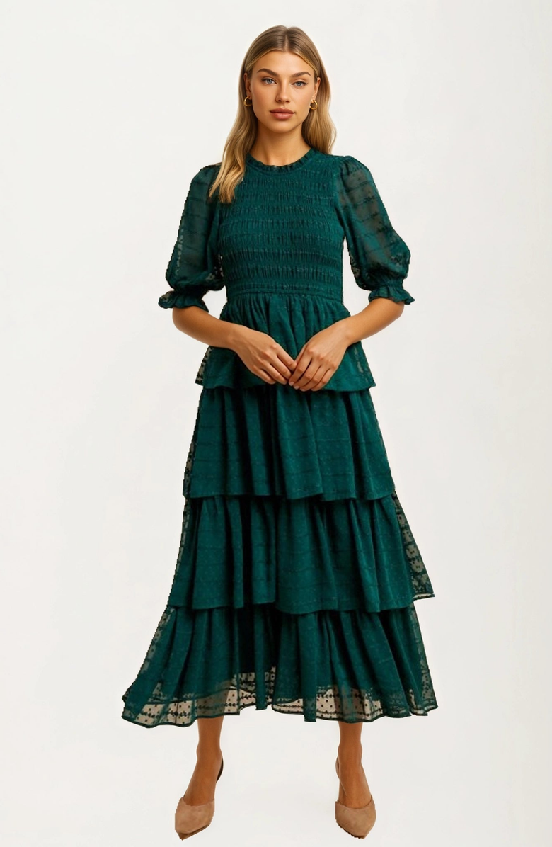 Knit and Lounge Tiered Ruffle Maxi Dress with Smocked Bodice and Sheer Sleeves, Main, color, 