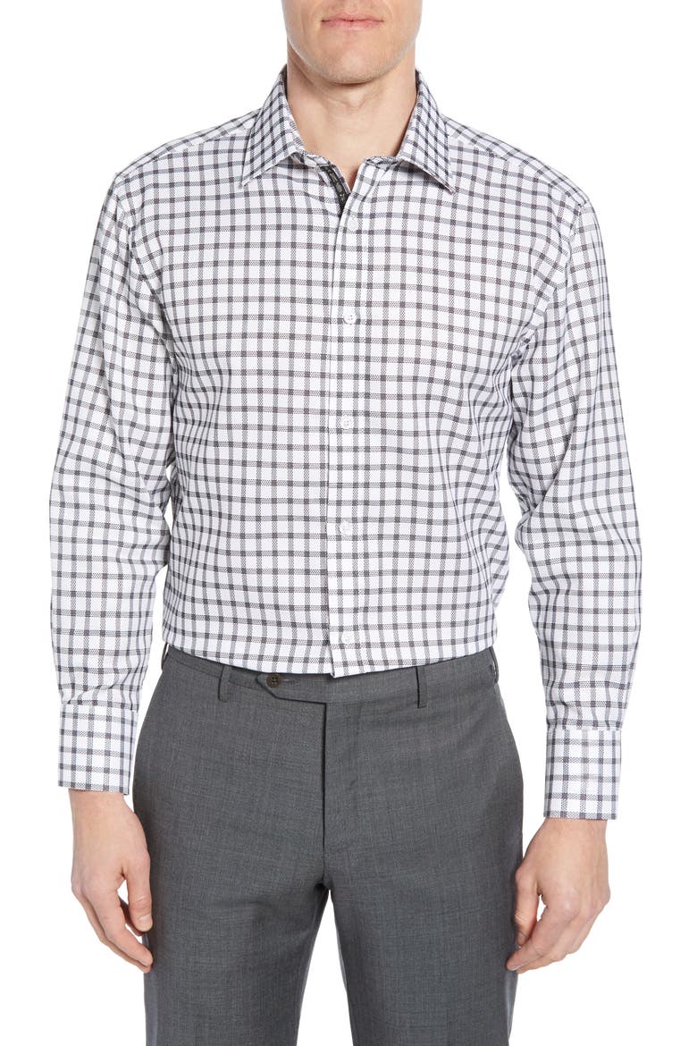 Trim Fit Plaid Dress Shirt, Main, color, BLACK