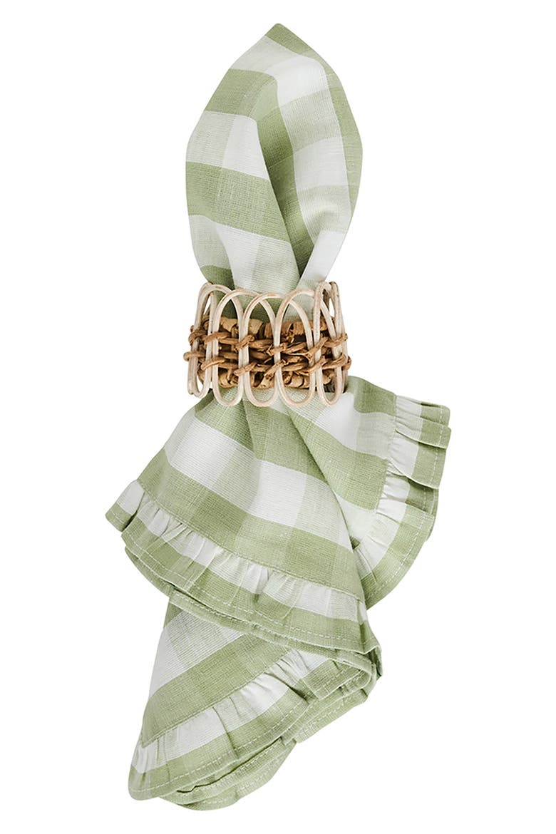 Gingham Ruffle Set of 4 Cotton & Linen Napkins, Alternate, color, SEAGRASS