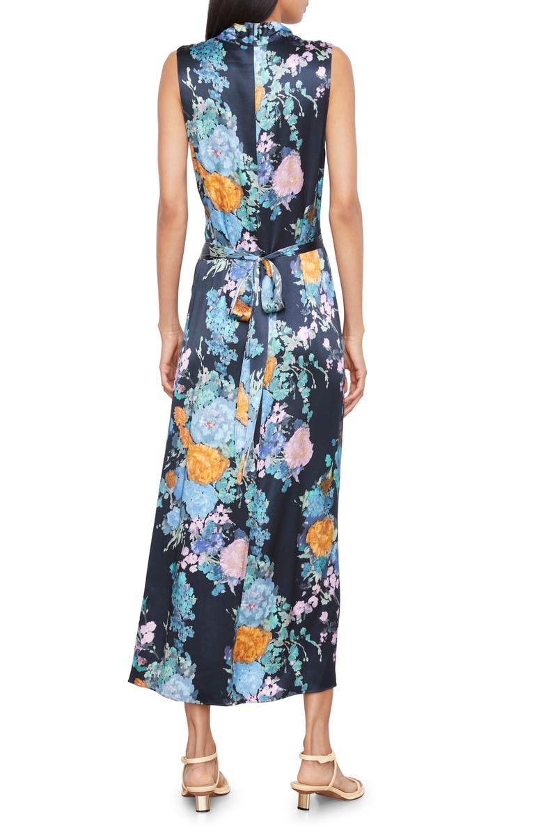 Vince Painted Bouquet Sleeveless Satin Wrap Dress, Alternate, color, Coastal