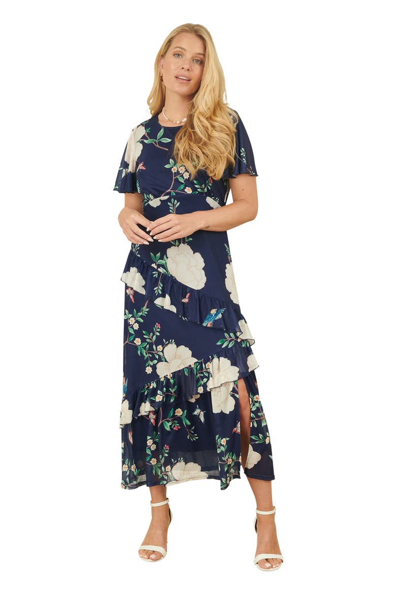 Mesh Bird And Floral Print Midi Dress, Main, color, Navy