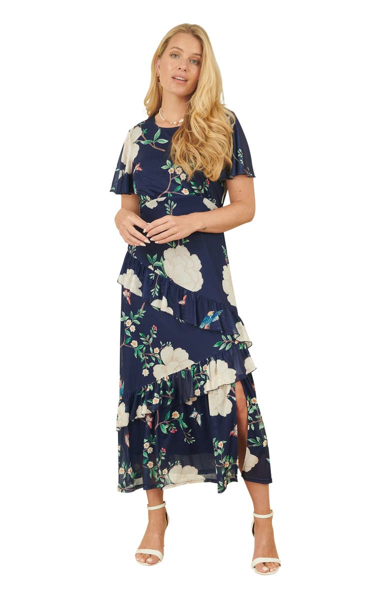 Yumi Mesh Bird And Floral Print Midi Dress, Main, color, Navy