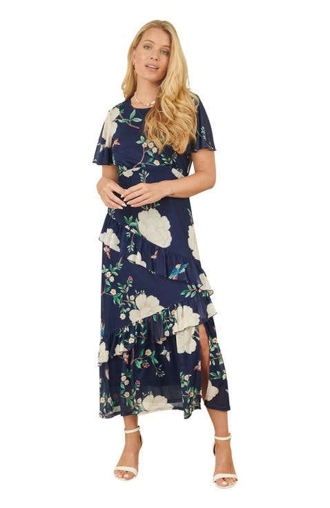Mesh Bird And Floral Print Midi Dress