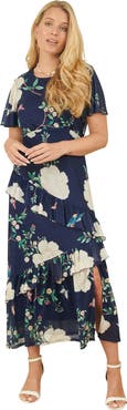 Yumi Mesh Bird And Floral Print Midi Dress