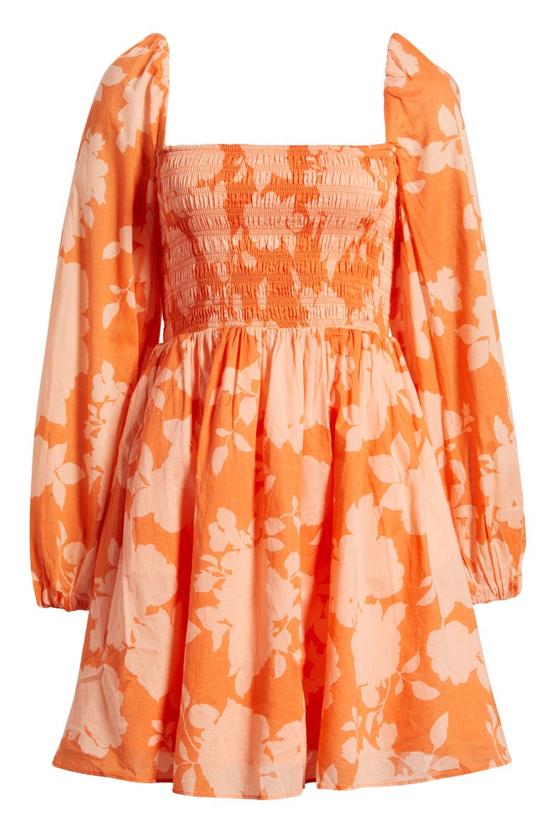 Smocked Long Sleeve Cotton Minidress, Alternate, color, FLORAL AOP MULTI