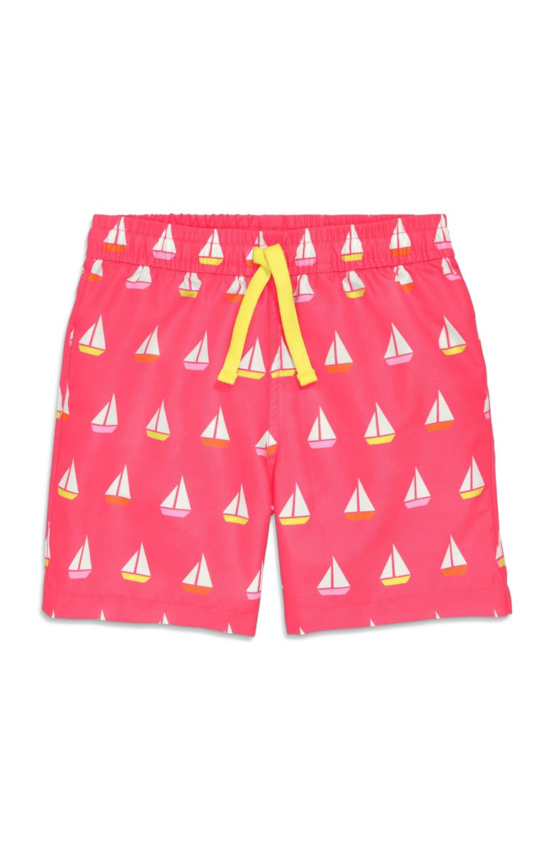 Primary Kids Swim Trunk, Main, color, Bright Azalea Sailboats