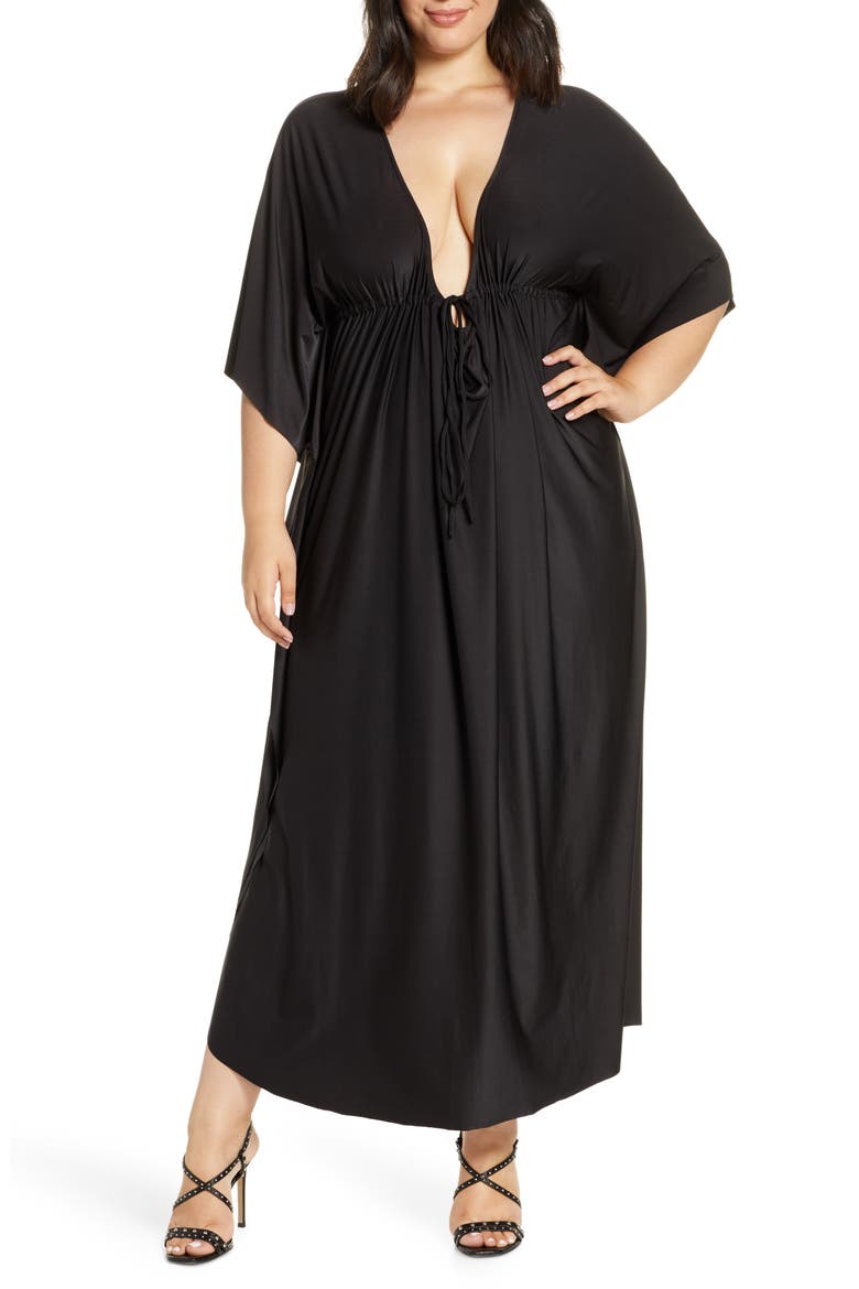 Tie Front Caftan Maxi Dress, Main, color, BLACK