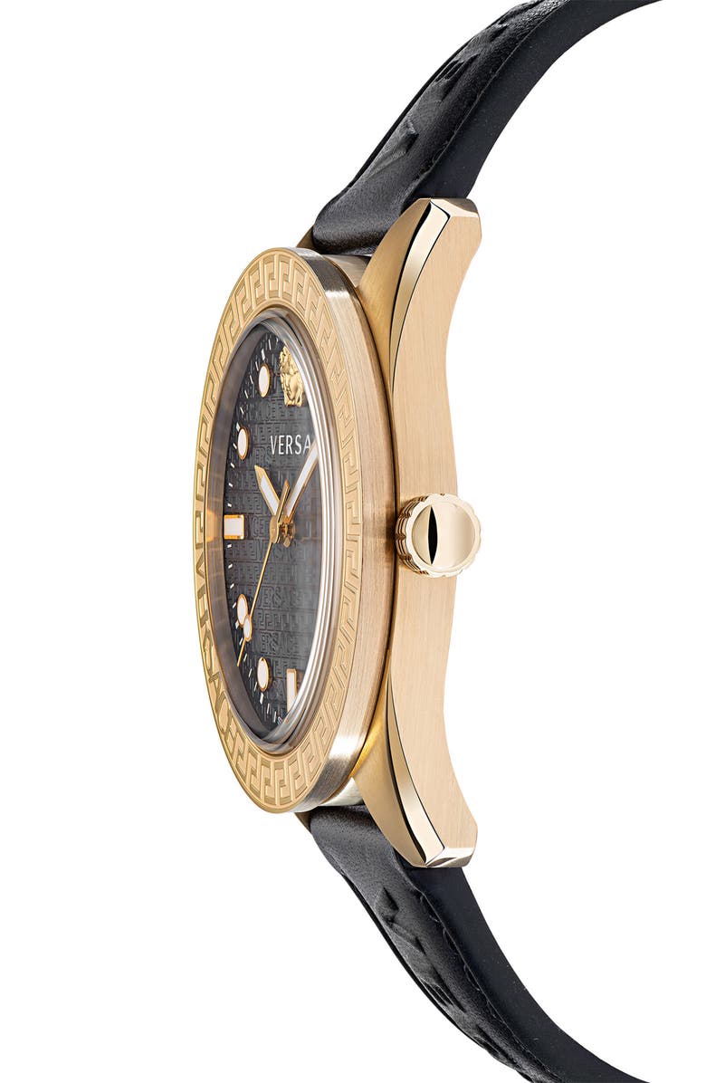 Versace Greca Dome Leather Strap Watch, 42mm, Alternate, color, Gold