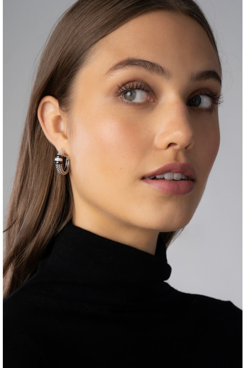 Black Caviar Diamond Hoop Earrings, Alternate, color, BLACK