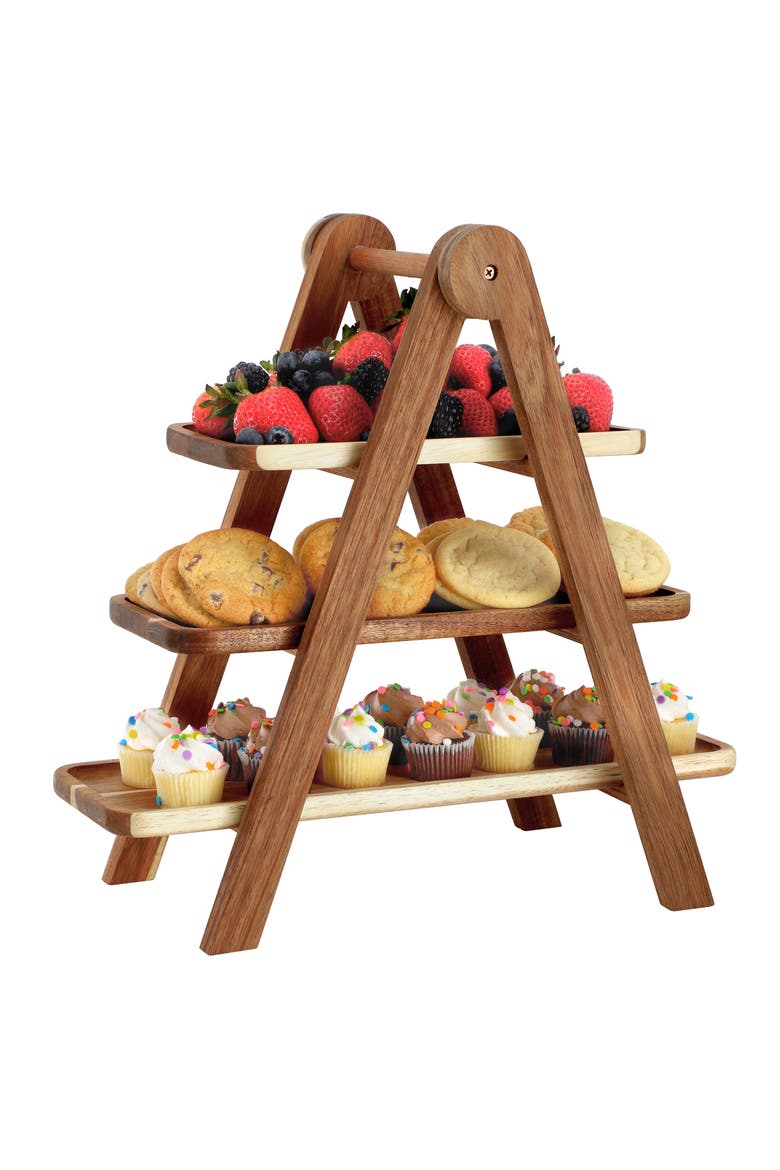 Acacia Wood 3 Tiered Rectangular Ladder Tray Set, Main, color, Acacia