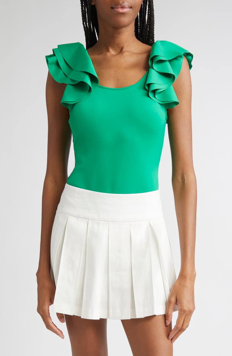 Alice + Olivia Tawny Ruffle Sleeve Bodysuit, Main, color, Light Emerald