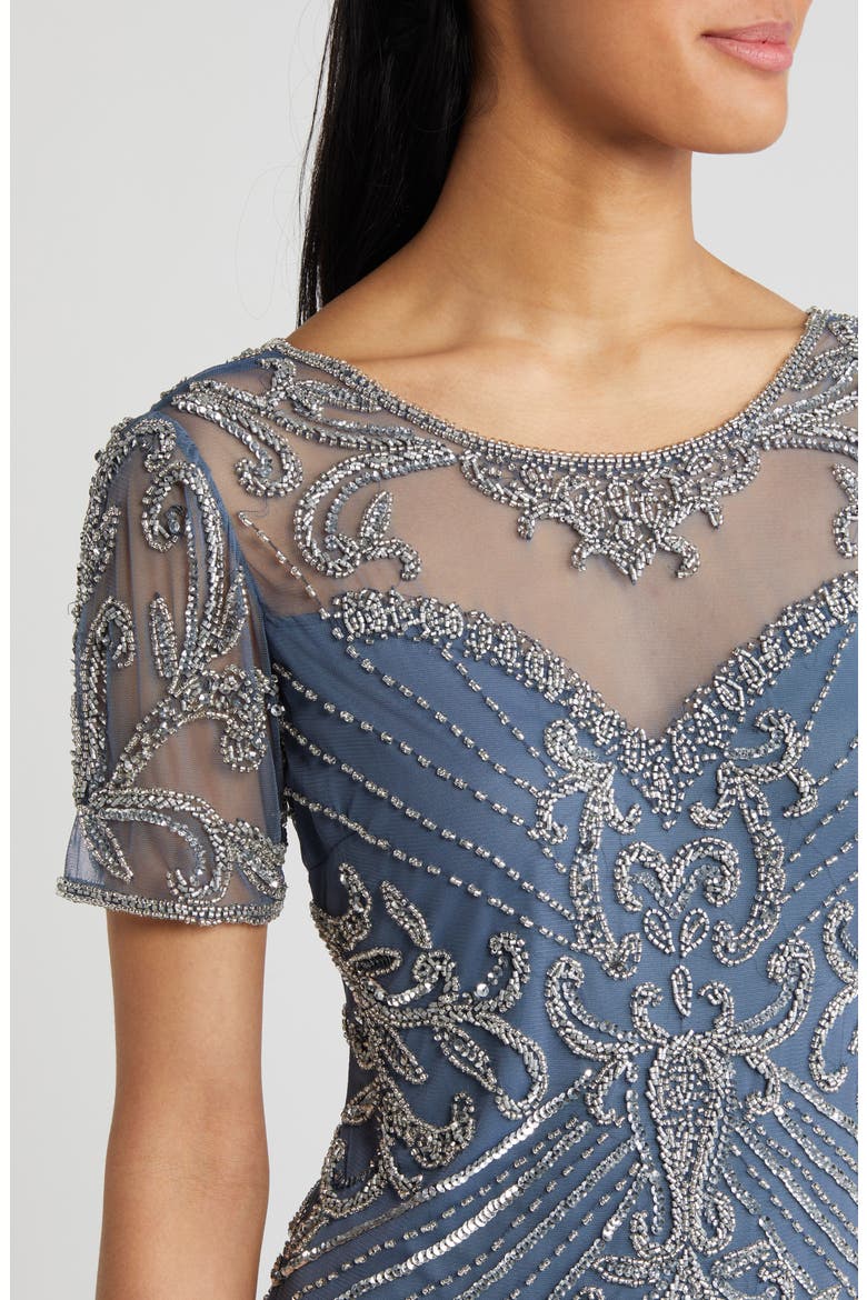 Illusion Beaded Mesh Column Gown, Alternate, color, GREY 020