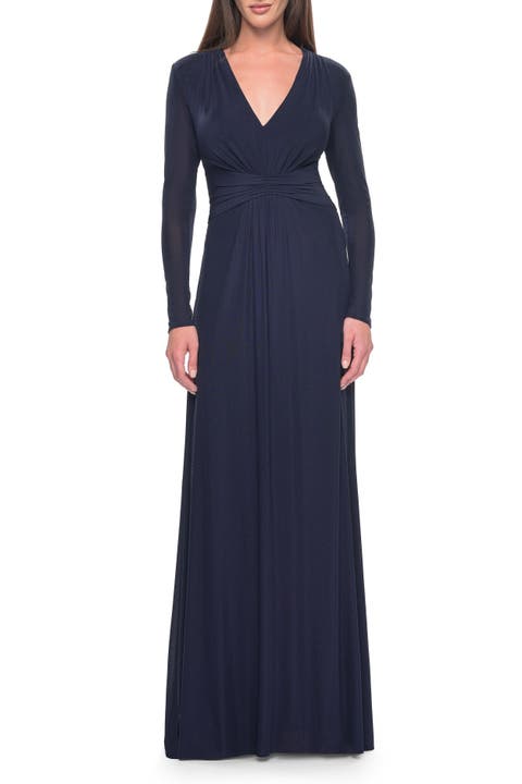 Long Sleeve Jersey Evening Dress with Ruching Detail