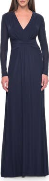 La Femme Long Sleeve Jersey Evening Dress with Ruching Detail