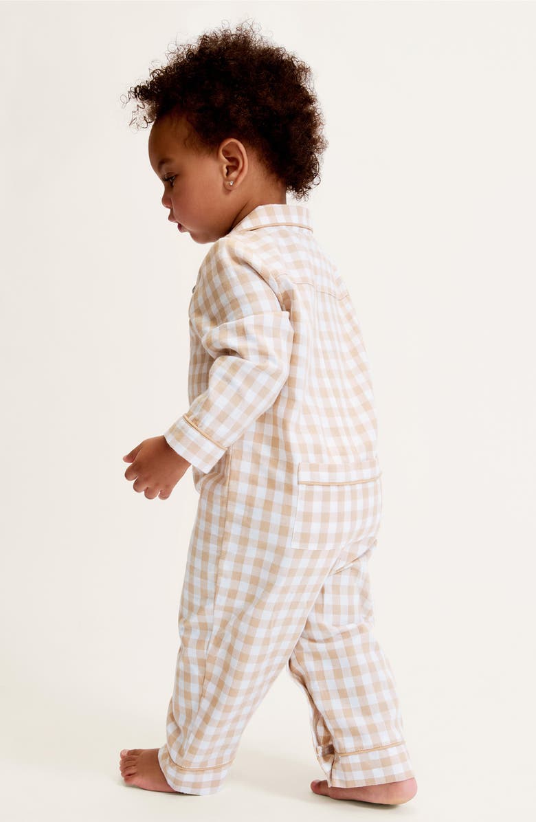 Petite Plume Gingham One-Piece Brushed Twill Pajamas, Alternate, color, Beige
