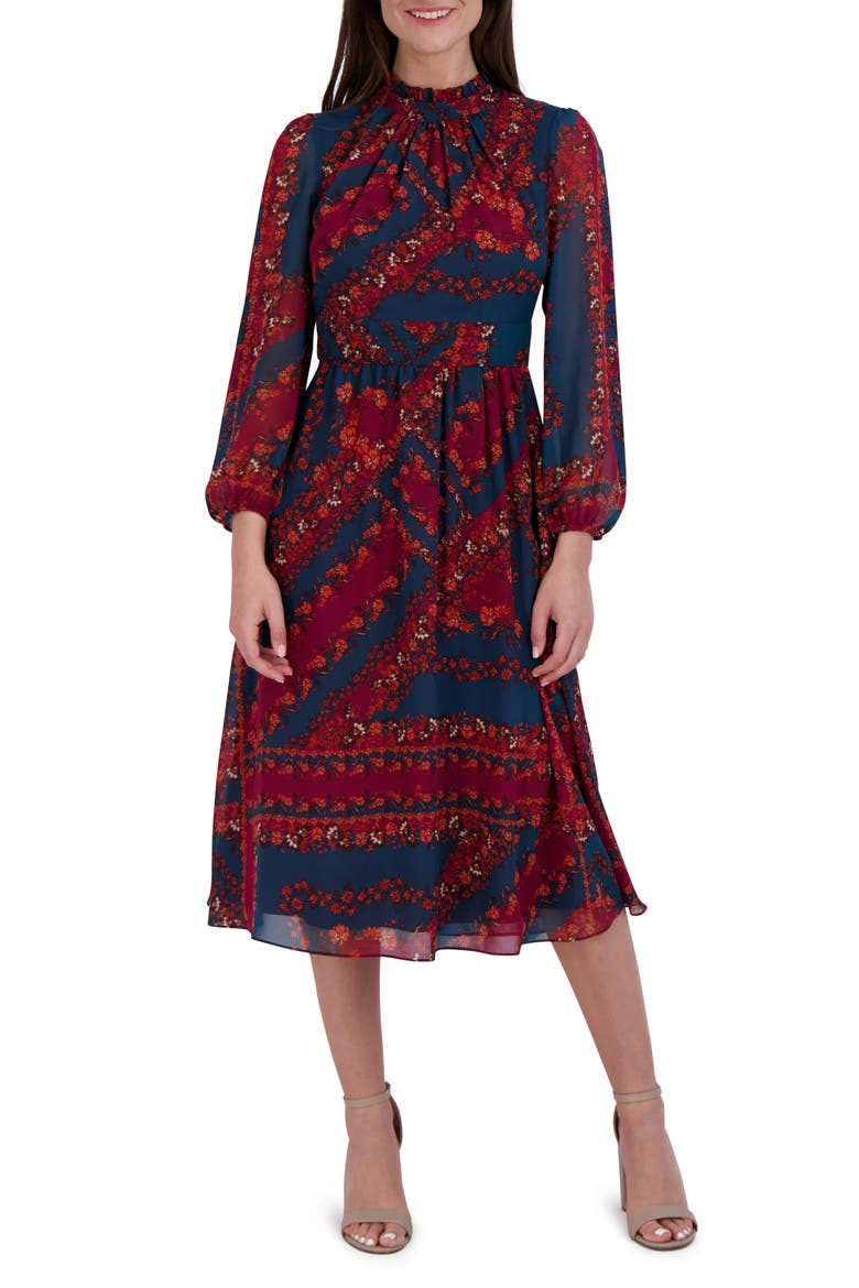 Long Sleeve Mock Neck Midi Dress, Main, color, TEAL MULTI