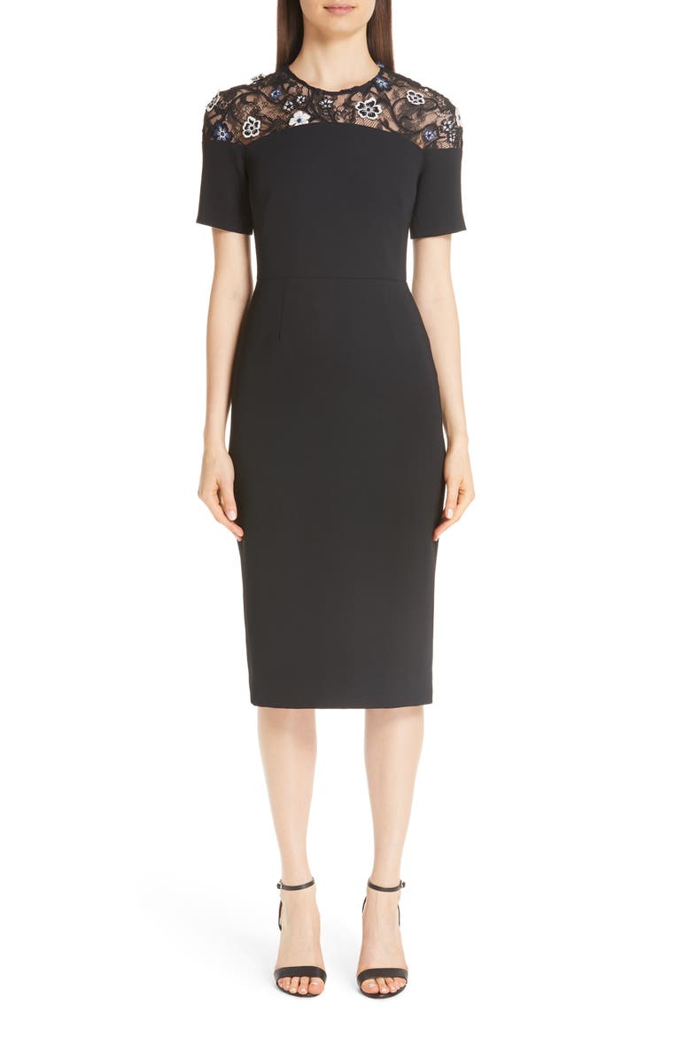 3D Floral Lace Yoke Sheath Dress, Main, color, NAVY/ BLACK