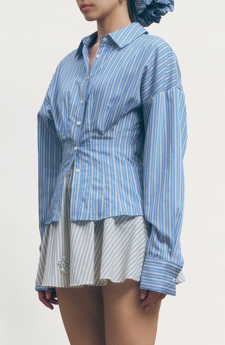 MAUDE CLUB Hadley Pleated Stripe Cotton Blend Button-Up Top, Alternate, color, Blue Stripe