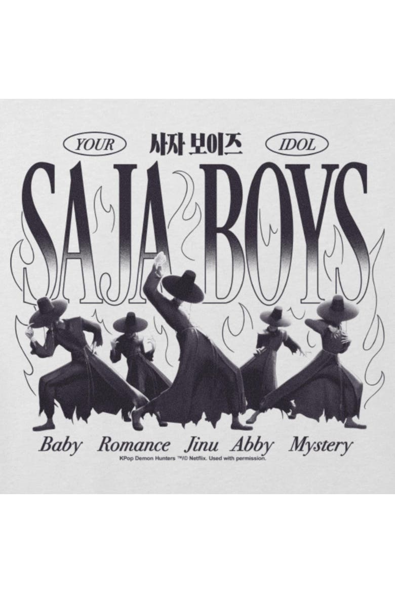 Girl's KPop Demon Hunters Your Saja Boys Idols Flames  Graphic T-Shirt, Alternate, color, White