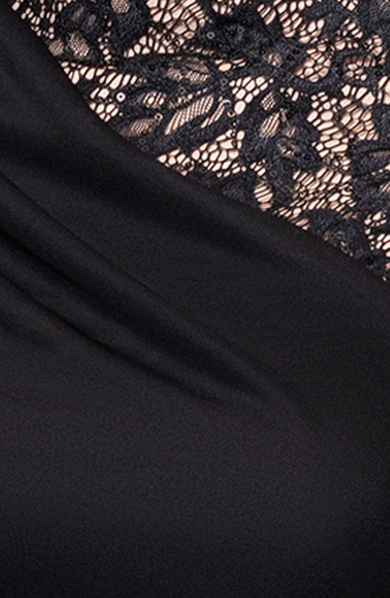 Betsy & Adam Lace Trim Asymmetric Ruched Gown, Alternate, color,