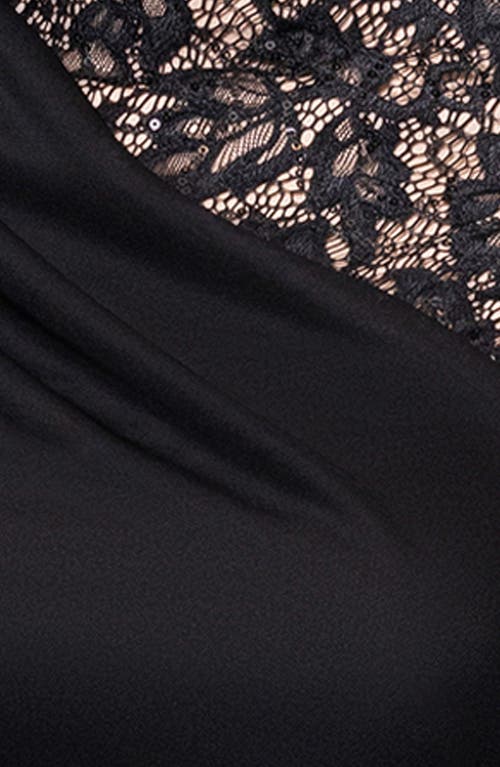 Shop Betsy & Adam Lace Trim Asymmetric Ruched Gown In Black/nude