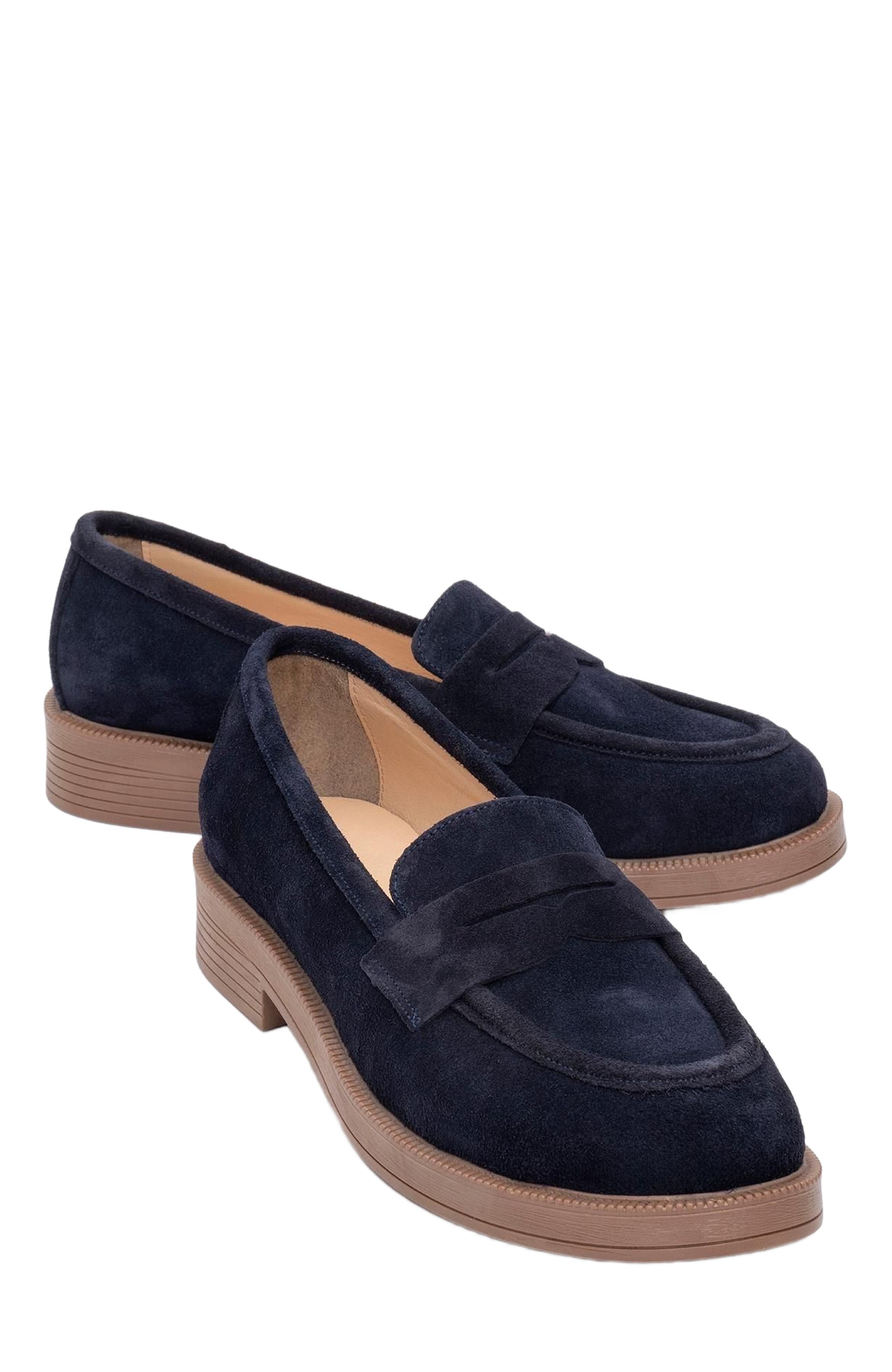 Bree Platform Penny Leather Loafer, Alternate, color, Navy Suede Leather