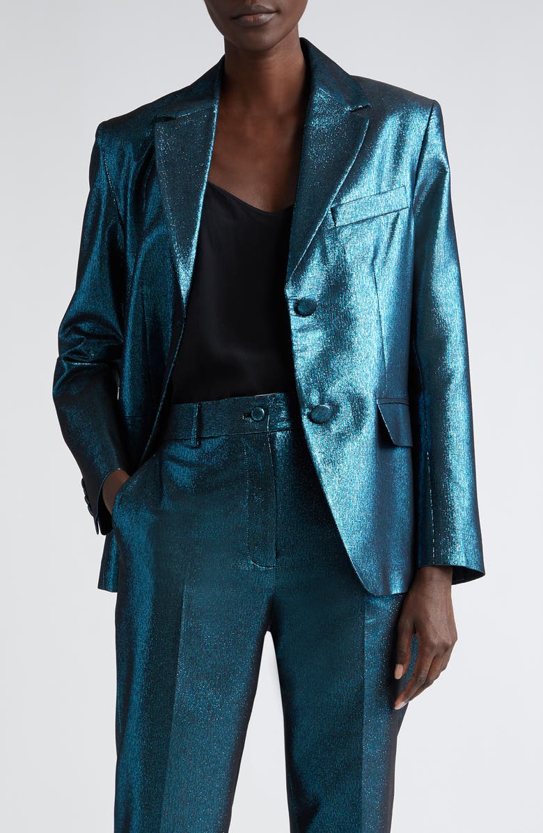 ST. JOHN Metallic Stretch Blazer, Main, color, Dark Teal/ Black Multi