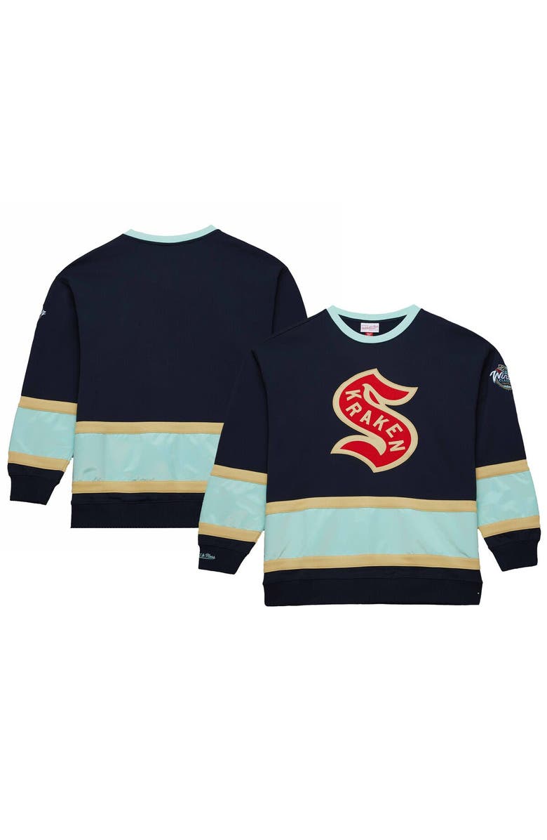 Mitchell & Ness Men's Mitchell & Ness Deep Sea Blue/Light Blue Seattle Kraken 2024 NHL Winter Classic Satin Insert Fleece Pullover Sweatshirt, Main, color, 