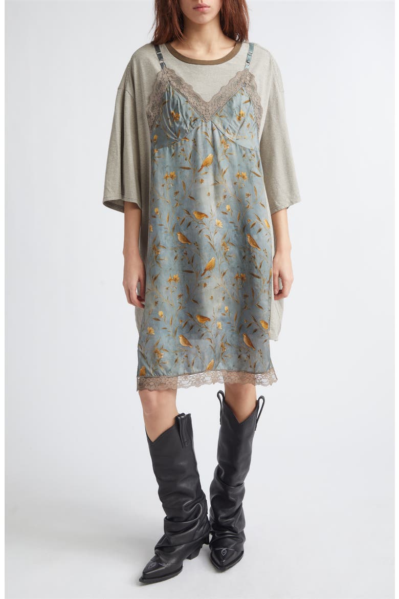 Oversize T-Shirt Dress with Slipdress Appliqué, Main, color, KHAKI STRIPE