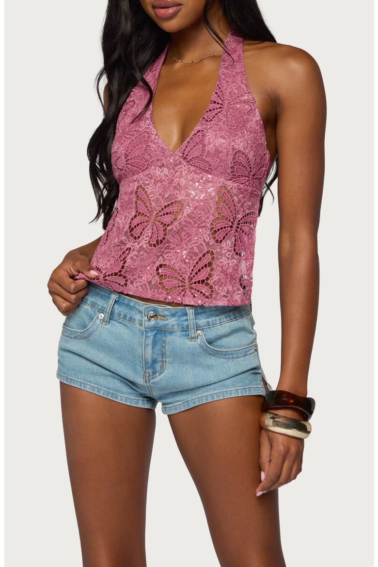 Butterfly Sequin Open Back Halter Top, Main, color, MAUVE