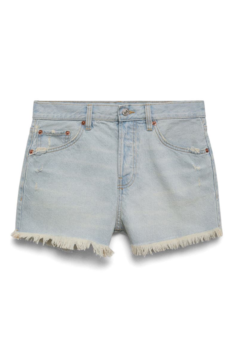 MANGO Frayed High Waist Denim Shorts, Alternate, color, Light Blue