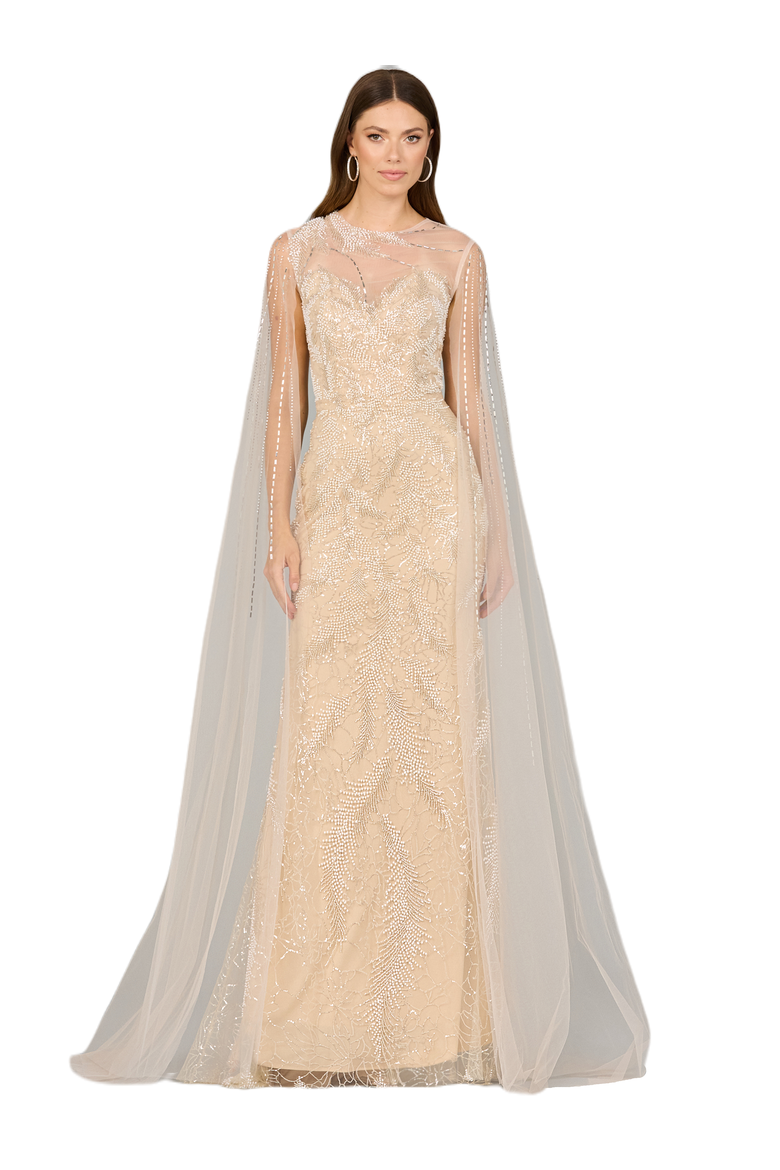 Long Cape Beaded Gown, Main, color, ChampagneIvory