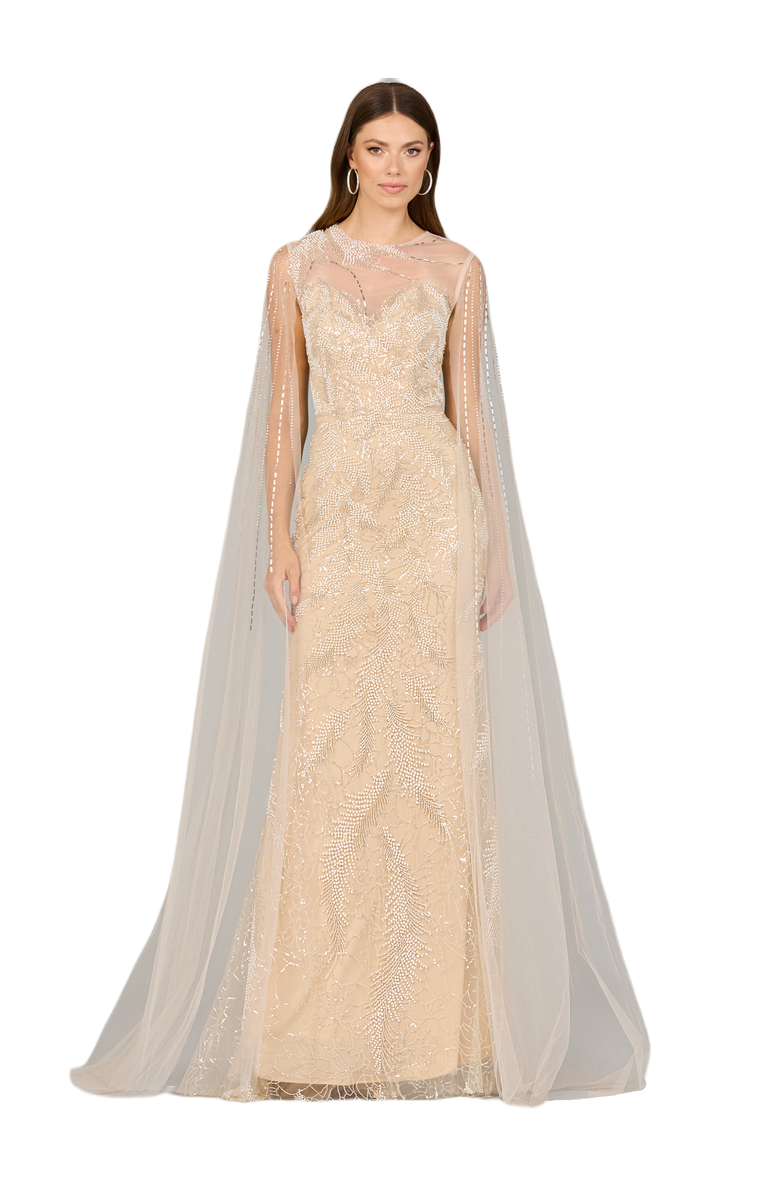 LARA New York Long Cape Beaded Gown, Main, color, Champagneivory