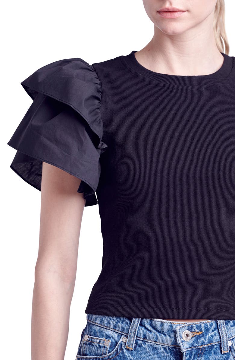 English Factory Mix Media Ruffle Sleeve Cotton Rib Top, Alternate, color, Black