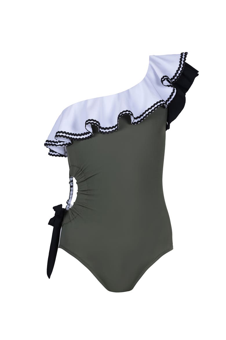 Kids' Contrast Ric-Rac Ruffle One-Shoulder Cut-Out Swimsuit, Main, color, GREEN