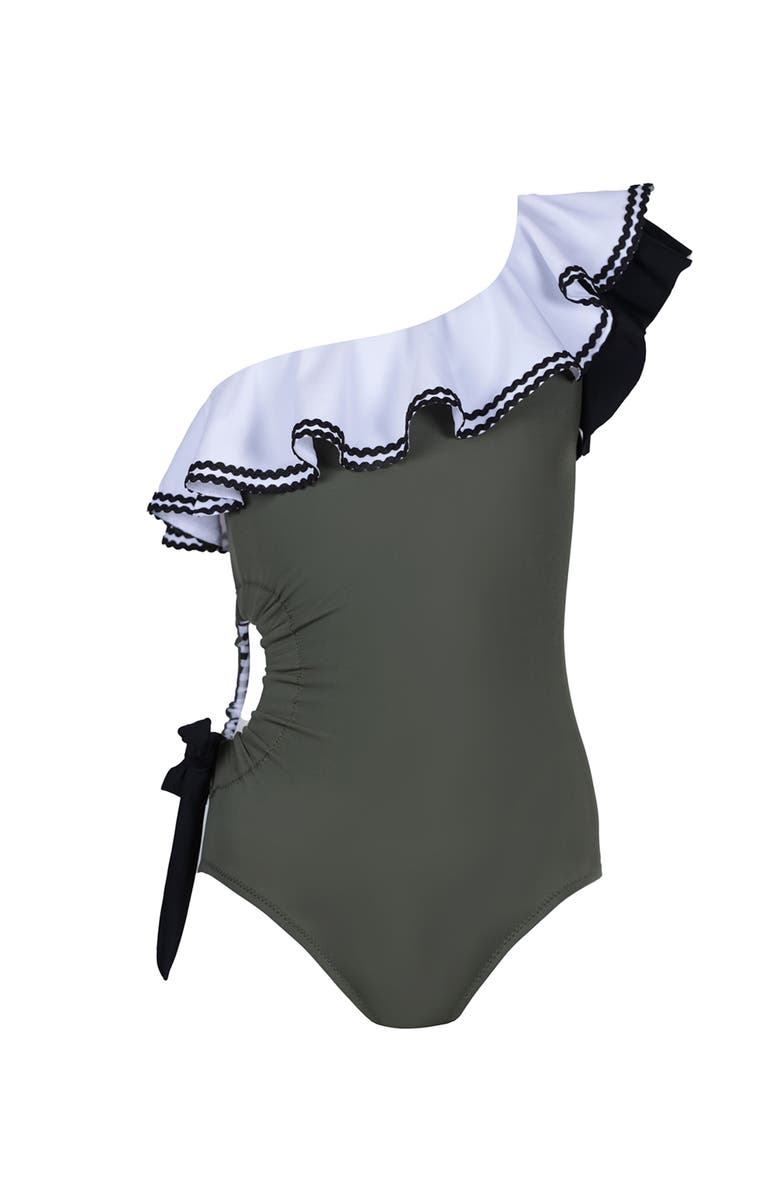NESSI BYRD Kids' Contrast Ric-Rac Ruffle One-Shoulder Cut-Out Swimsuit, Main, color, Green