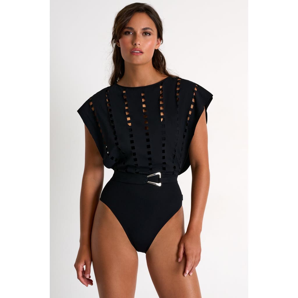Shan Elegant One-piece Swimsuit With Mosaic Cutouts In Black