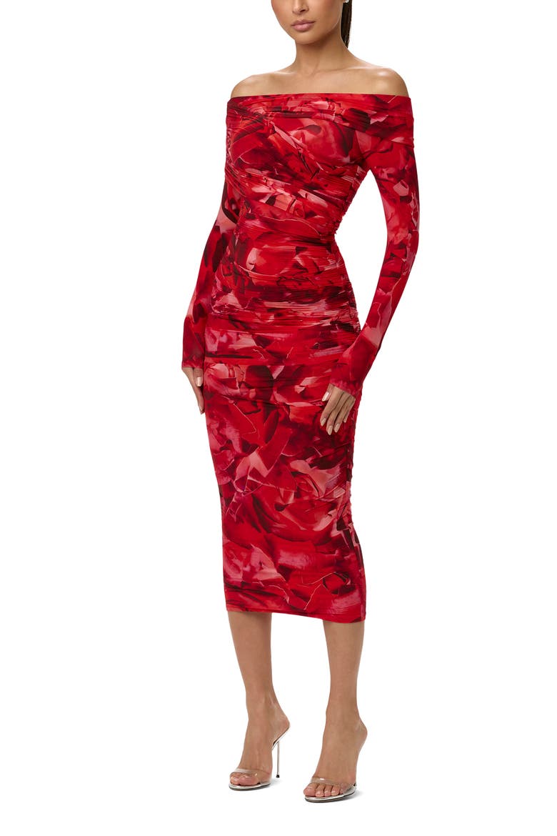 Bare Body Print Off the Shoulder Long Sleeve Midi Dress, Alternate, color, ROUGE ROSE