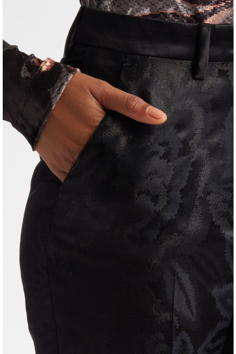 Floral Jacquard Tapered Satin Cigarette Trousers, Alternate, color, BLACK