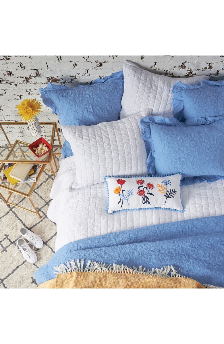 carol & frank Lola Boho Embroidered Floral Cotton Decor Throw Pillow, 12" x 24" with Pom Pom Edges, Alternate, color, Blue