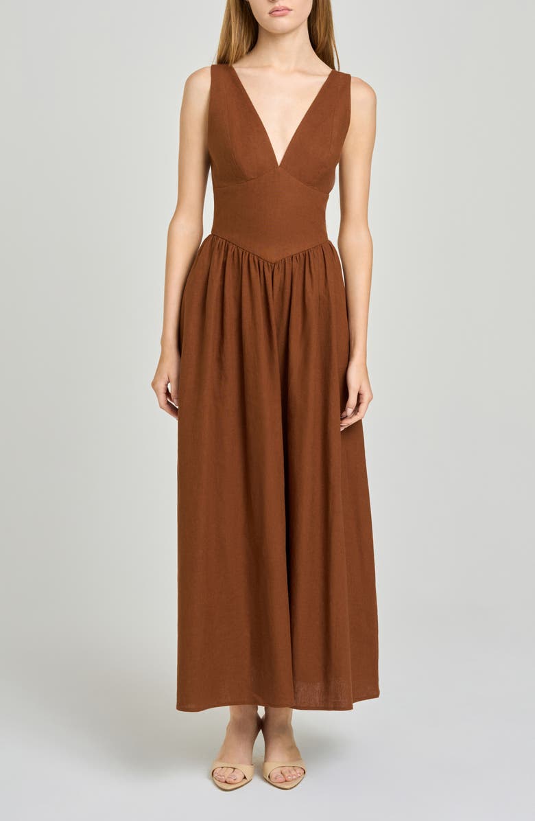 WAYF Vivia Plunge Neck Drop Waist Midi Dress, Main, color, Chocolate