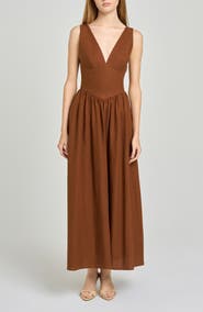 WAYF Vivia Plunge Neck Drop Waist Midi Dress