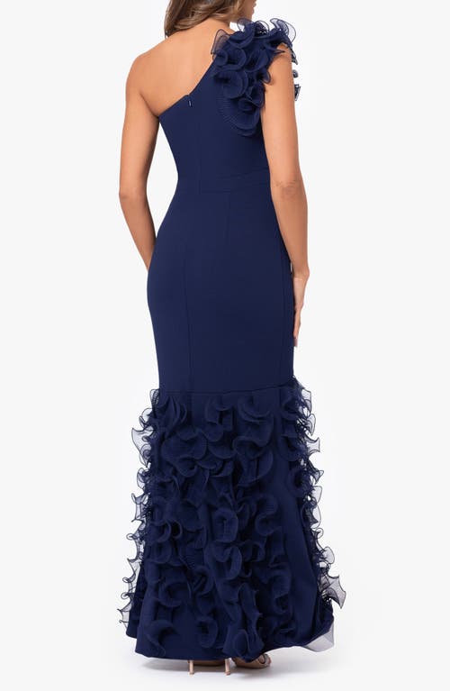 Xscape Evenings Wire Ruffle Detail One-shoulder Scuba Crepe Gown In Navy