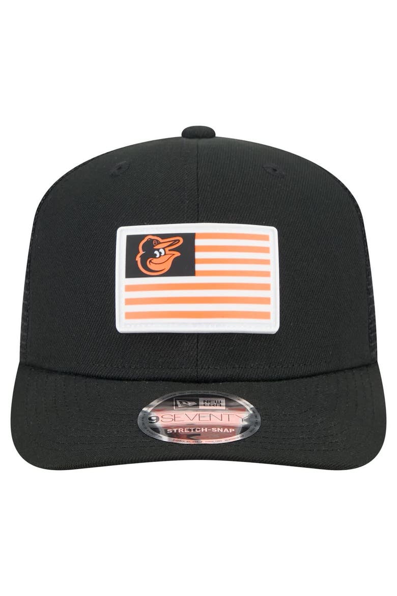 Men's New Era Black Baltimore Orioles Flag 9SEVENTY Stretch-Snap Hat, Alternate, color, Black