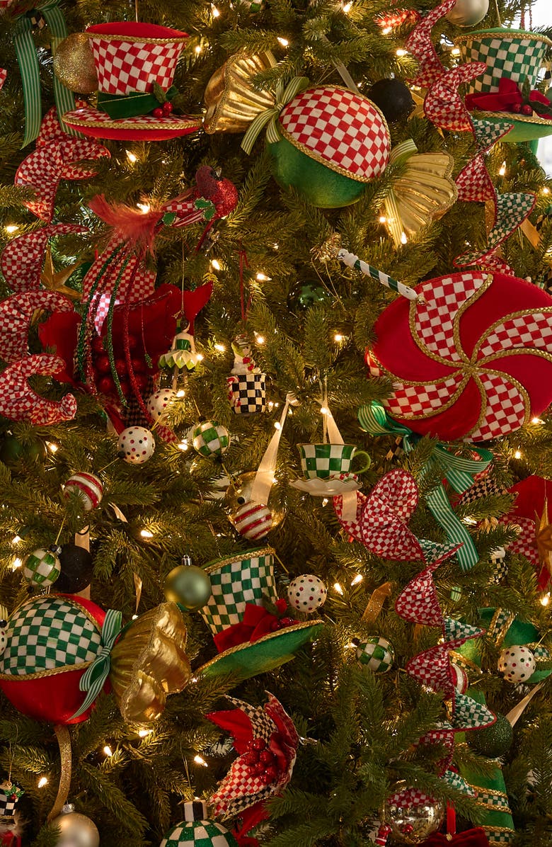 MACKENZIE CHILDS Set of 3 Check It Out Teacup Glass Ornaments, Alternate, color, Green/ Black/ Red