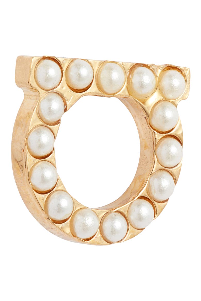 Salvatore Ferragamo Small Gancio Imitation Pearl Stud Earrings, Alternate, color, GOLD/ PEARL